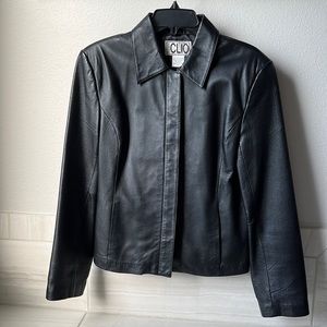 Clio Women’s Black Leather Moto Jacket front zipper with top snap - Size 8